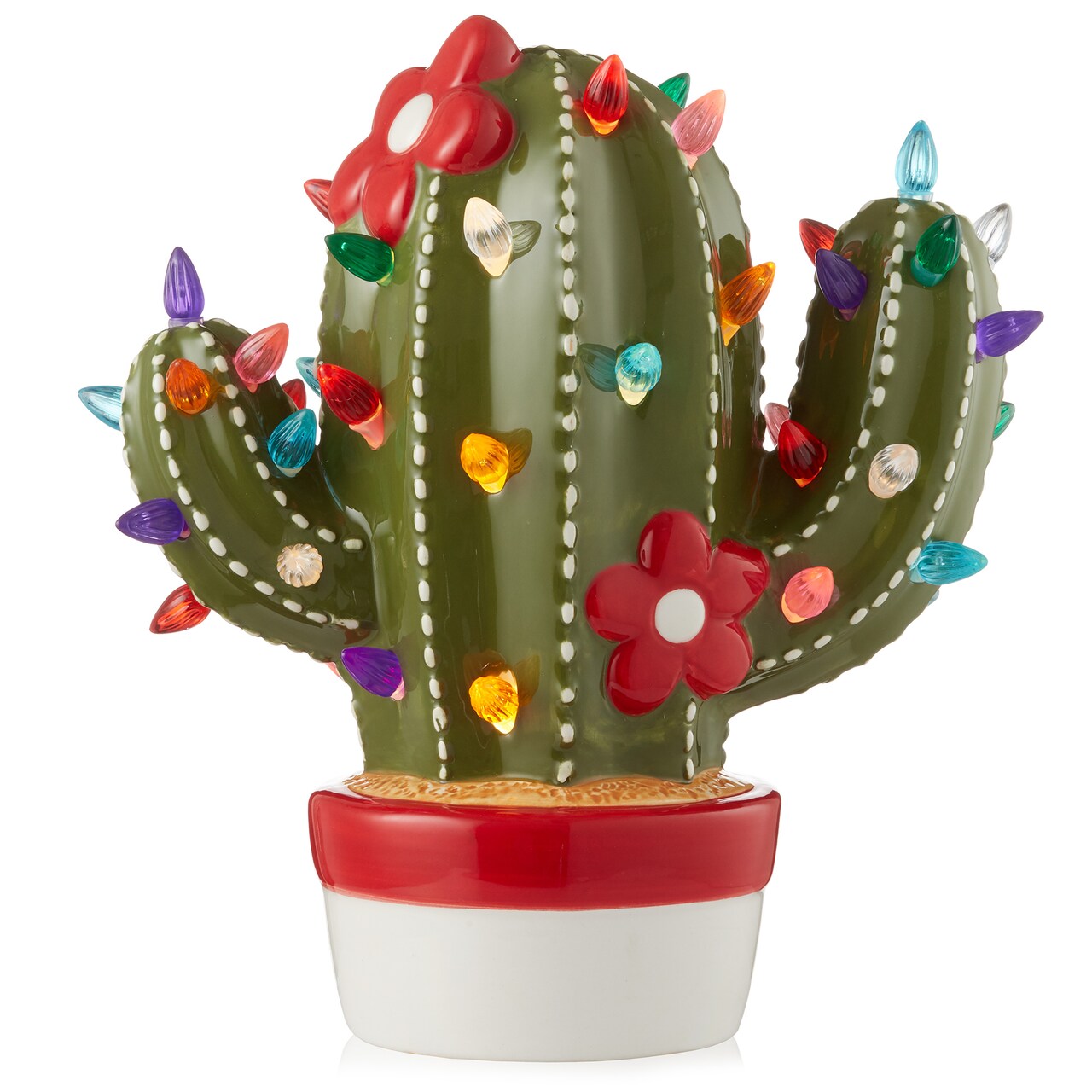 Casafield Ceramic Christmas Cactus, Hand Painted Green Pre-Lit Cactus with 92 Multi Color Lights